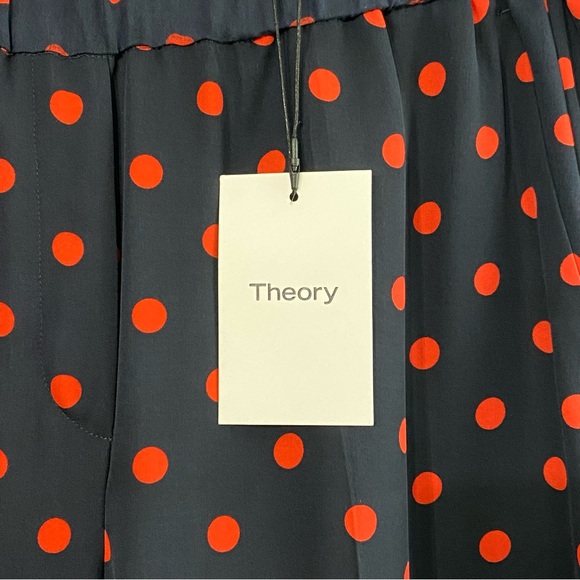NWT Theory Deep Navy Blue Red Multi Polka Dot Wide Leg Pant in Neon Silk - Picture 11 of 11
